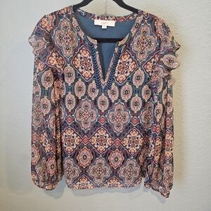 Loft Multicolor Tapestry Ruffle Split Neckline V Neck Suze L